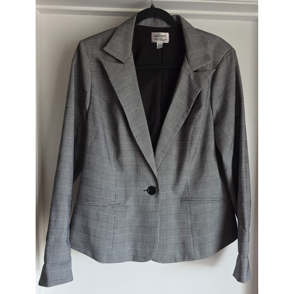 Unique Vintage Blazer Women L Black White Plaid Long Sleeve Collared Jacket